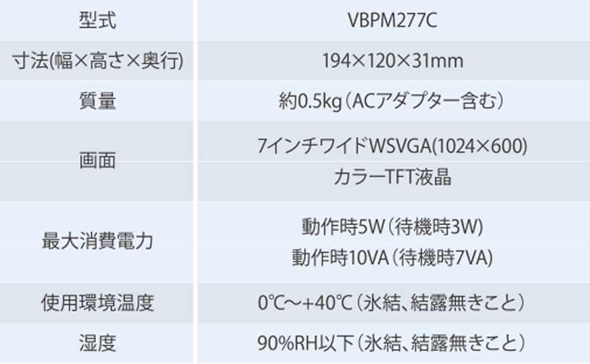 専用モニター 仕様表