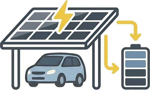 ソーラーカーポートで発電した電気を蓄電池にためるイラスト
